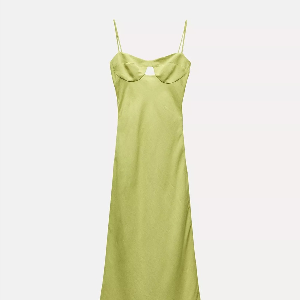 ZARA GREEN LINEN CUT OUT DRESS